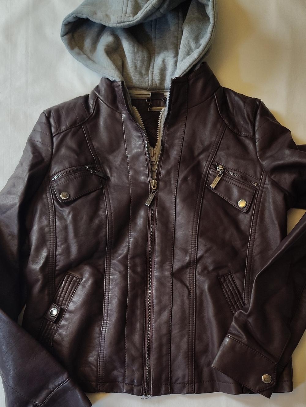 Jou Jou Faux Leather Zip Jacket with Hood Medium Deep Burgundy Brown EUC